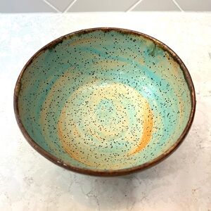 Studio Art Pottery Bowl Brown Teal Tan  Abstract Glazed Artist Signed 6.5”